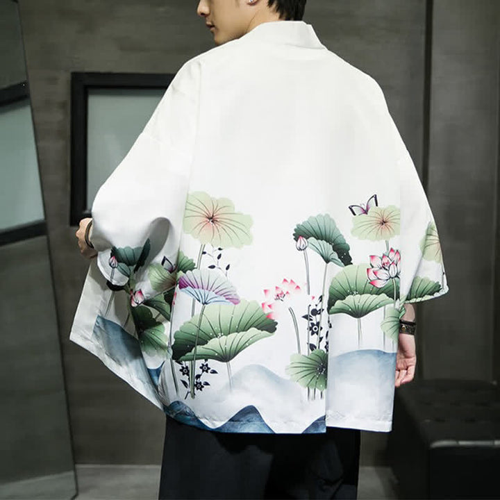 Buddha Stones Summer Casual Lotus Leaves Butterfly Crane Print Open Front Men's Kimono - image 3