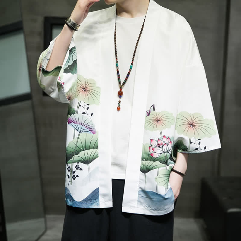 Buddha Stones Summer Casual Lotus Leaves Butterfly Crane Print Open Front Men's Kimono - image 9