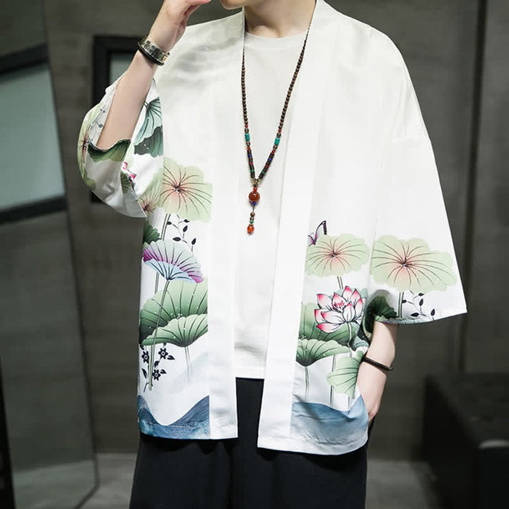 Buddha Stones Summer Casual Lotus Leaves Butterfly Crane Print Open Front Men's Kimono - image 9