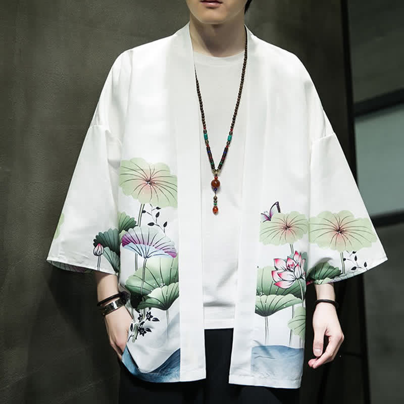 Buddha Stones Summer Casual Lotus Leaves Butterfly Crane Print Open Front Men's Kimono - image 11