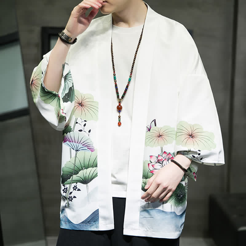 Buddha Stones Summer Casual Lotus Leaves Butterfly Crane Print Open Front Men's Kimono - image 10