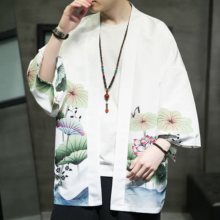 Buddha Stones Summer Casual Lotus Leaves Butterfly Crane Print Open Front Men's Kimono - image 10