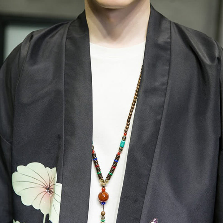 Buddha Stones Summer Casual Lotus Leaves Butterfly Crane Print Open Front Men's Kimono - image 21