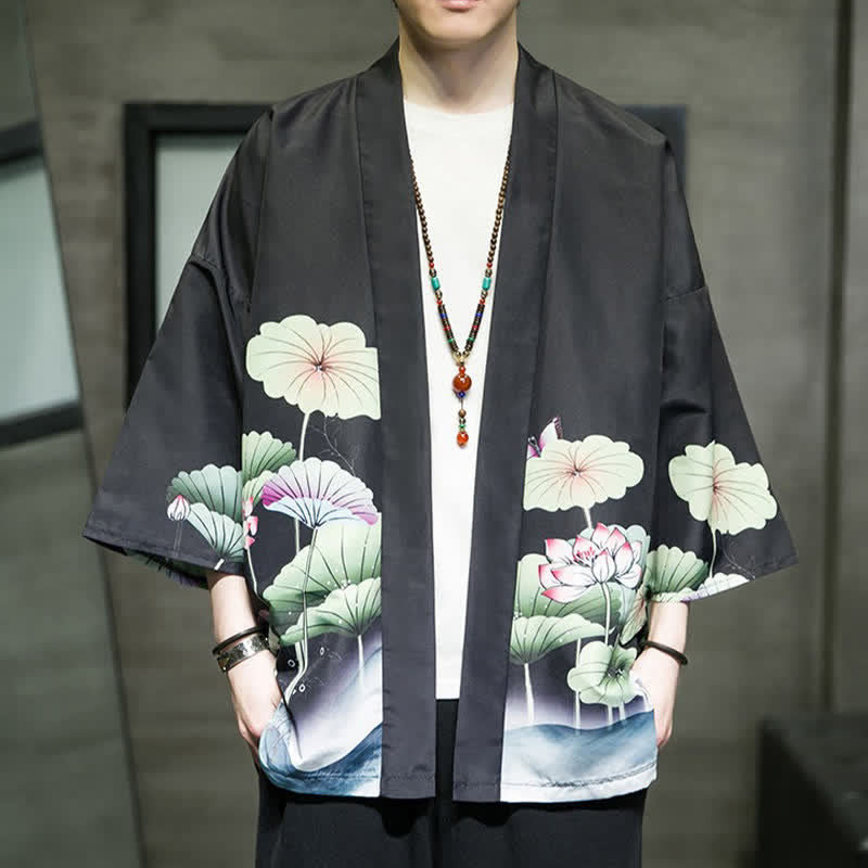Buddha Stones Summer Casual Lotus Leaves Butterfly Crane Print Open Front Men's Kimono - Black - US/UK/AU46，EU56 (5XL) - image 12
