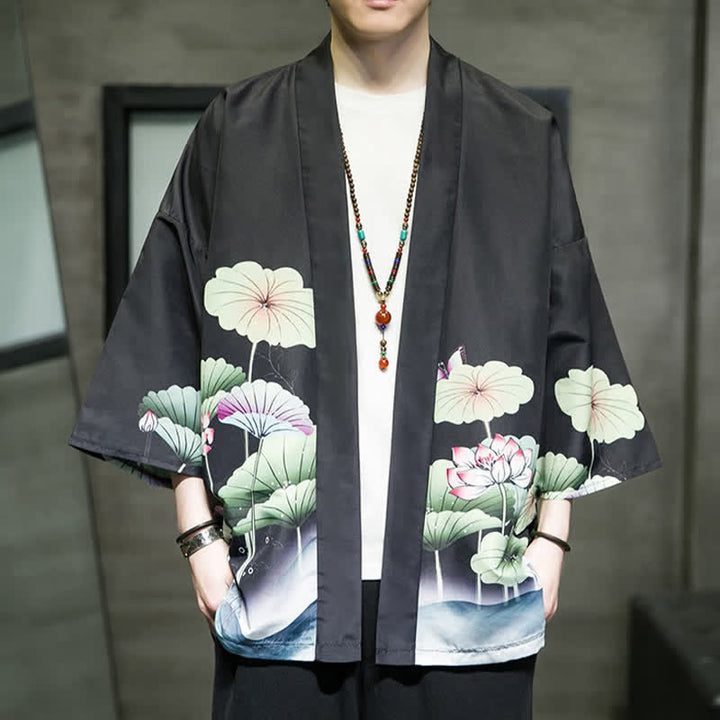 Buddha Stones Summer Casual Lotus Leaves Butterfly Crane Print Open Front Men's Kimono - Black - US/UK/AU46，EU56 (5XL) - image 12