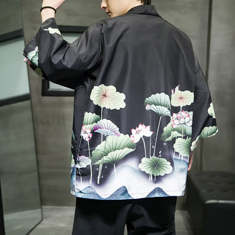 Buddha Stones Summer Casual Lotus Leaves Butterfly Crane Print Open Front Men's Kimono - image 20