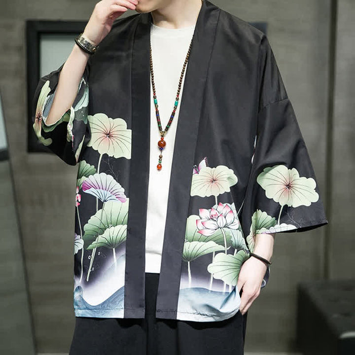 Buddha Stones Summer Casual Lotus Leaves Butterfly Crane Print Open Front Men's Kimono - image 17