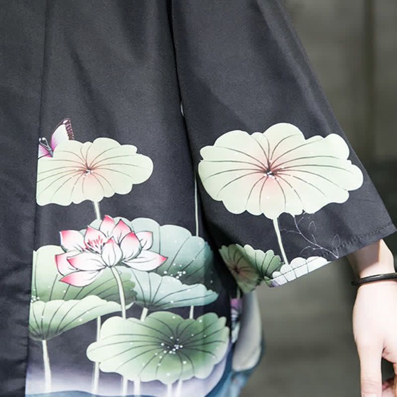 Buddha Stones Summer Casual Lotus Leaves Butterfly Crane Print Open Front Men's Kimono - image 23
