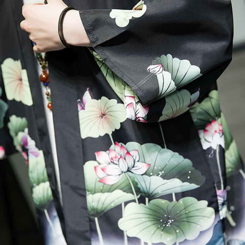 Buddha Stones Summer Casual Lotus Leaves Butterfly Crane Print Open Front Men's Kimono - image 22