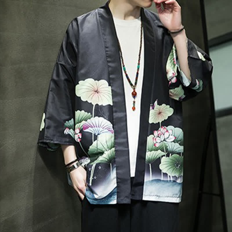 Buddha Stones Summer Casual Lotus Leaves Butterfly Crane Print Open Front Men's Kimono - image 13