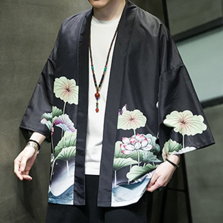 Buddha Stones Summer Casual Lotus Leaves Butterfly Crane Print Open Front Men's Kimono - image 18