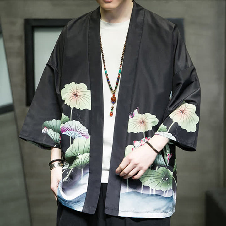 Buddha Stones Summer Casual Lotus Leaves Butterfly Crane Print Open Front Men's Kimono - image 19