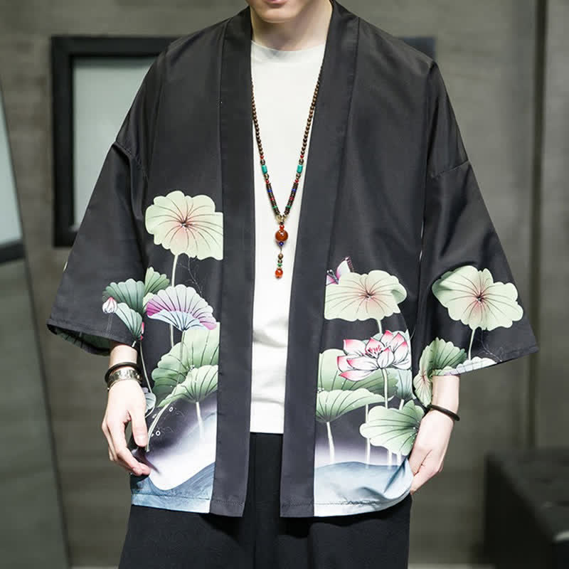 Buddha Stones Summer Casual Lotus Leaves Butterfly Crane Print Open Front Men's Kimono - image 15