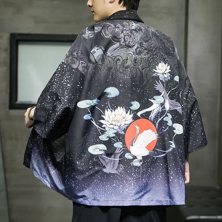 Buddha Stones Summer Casual Lotus Leaves Butterfly Crane Print Open Front Men's Kimono - image 26