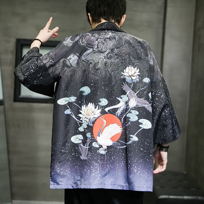 Buddha Stones Summer Casual Lotus Leaves Butterfly Crane Print Open Front Men's Kimono - image 31