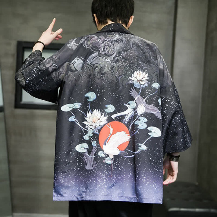 Buddha Stones Summer Casual Lotus Leaves Butterfly Crane Print Open Front Men's Kimono - image 31
