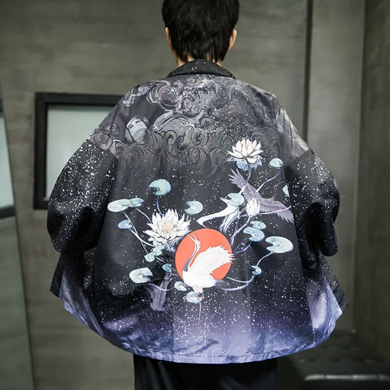 Buddha Stones Summer Casual Lotus Leaves Butterfly Crane Print Open Front Men's Kimono - image 30