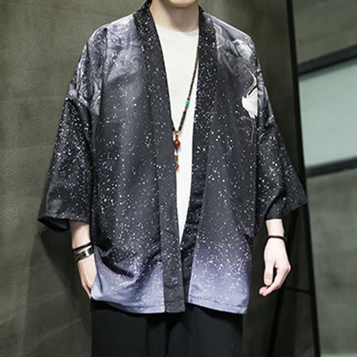 Buddha Stones Summer Casual Lotus Leaves Butterfly Crane Print Open Front Men's Kimono - image 28