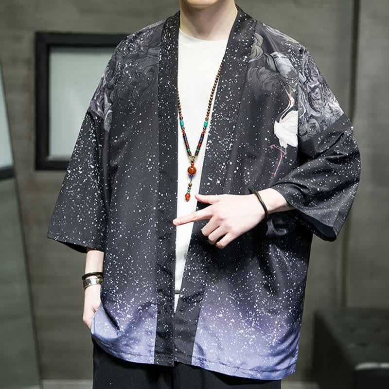 Buddha Stones Summer Casual Lotus Leaves Butterfly Crane Print Open Front Men's Kimono - image 29