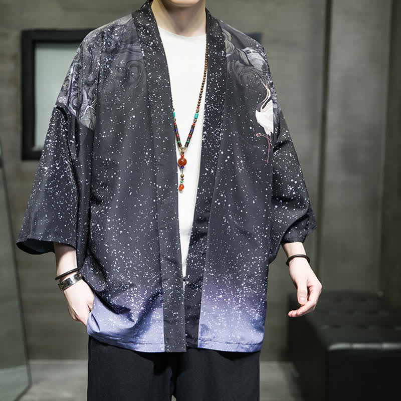 Buddha Stones Summer Casual Lotus Leaves Butterfly Crane Print Open Front Men's Kimono - image 27