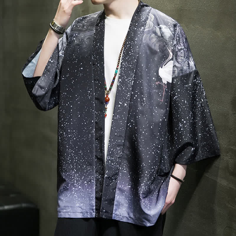 Buddha Stones Summer Casual Lotus Leaves Butterfly Crane Print Open Front Men's Kimono - image 25