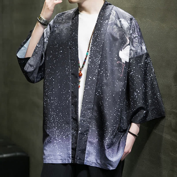 Buddha Stones Summer Casual Lotus Leaves Butterfly Crane Print Open Front Men's Kimono - image 25