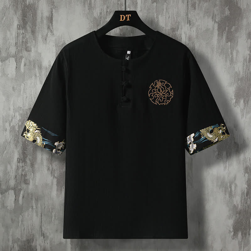 Buddha Stones Summer Casual Frog Button Flower Embroidery Men's Short Sleeve Shirts - Black - US/UK/AU46，EU56 (5XL) - image 11
