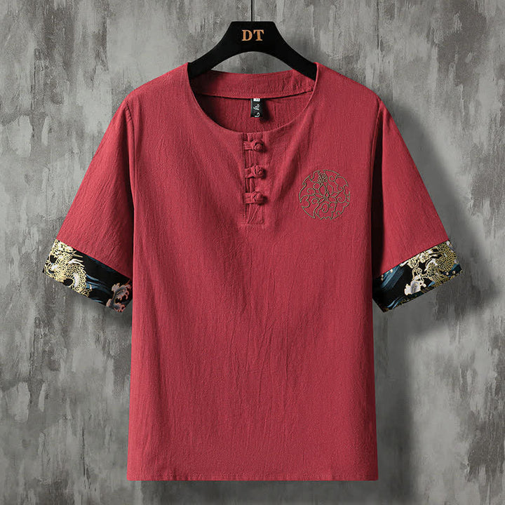 Buddha Stones Summer Casual Frog Button Flower Embroidery Men's Short Sleeve Shirts - Maroon - US/UK/AU46，EU56 (5XL) - image 12