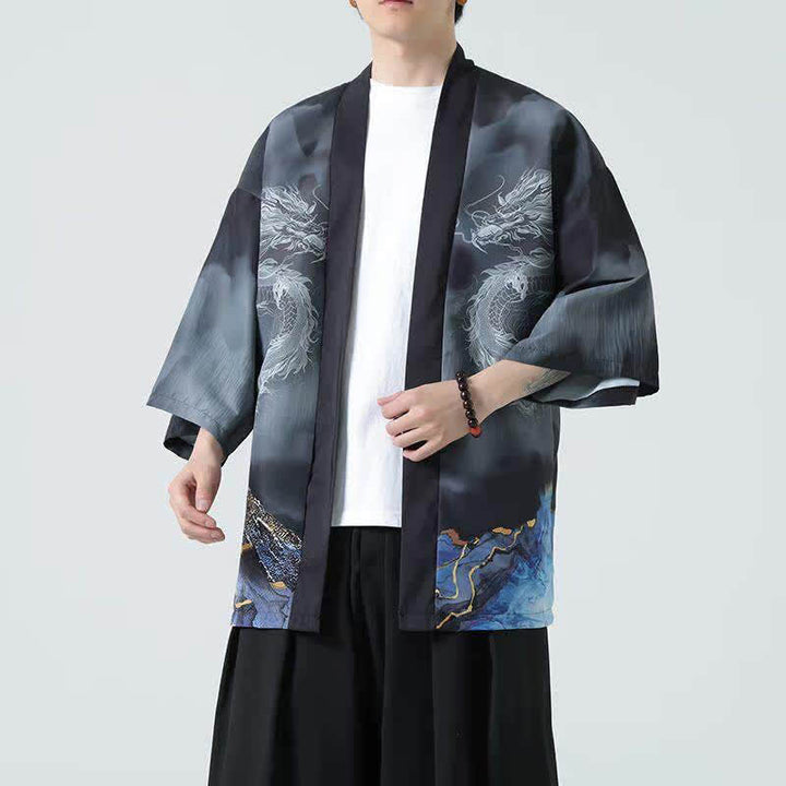 Buddha Stones Summer Casual Dragon Mountains Open Front Men's Kimono - Black - US/UK/AU48, EU58 (5XL) - image 0