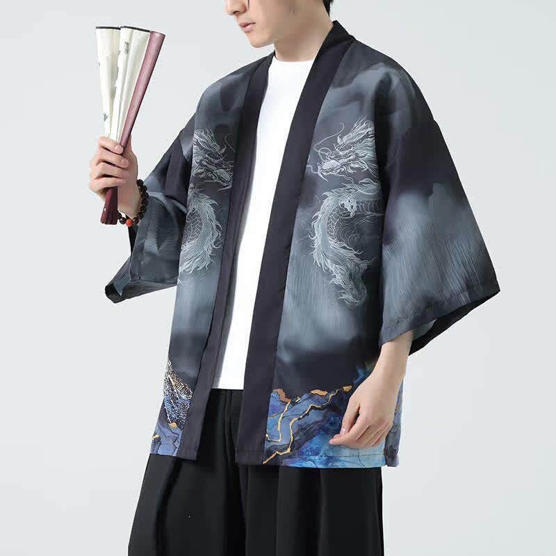 Buddha Stones Summer Casual Dragon Mountains Open Front Men's Kimono - image 1