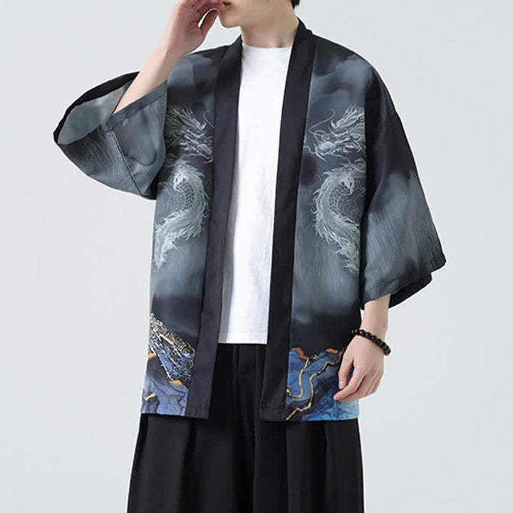 Buddha Stones Summer Casual Dragon Mountains Open Front Men's Kimono - image 4