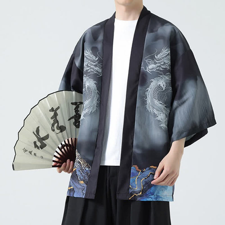 Buddha Stones Summer Casual Dragon Mountains Open Front Men's Kimono - image 8