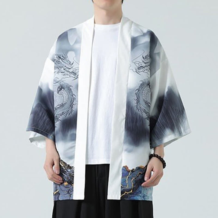Buddha Stones Summer Casual Dragon Mountains Open Front Men's Kimono - image 15