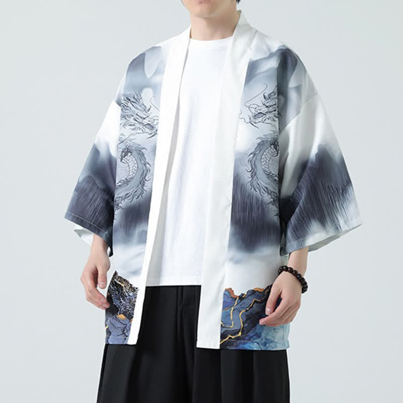 Buddha Stones Summer Casual Dragon Mountains Open Front Men's Kimono - WhiteSmoke - US/UK/AU48, EU58 (5XL) - image 13