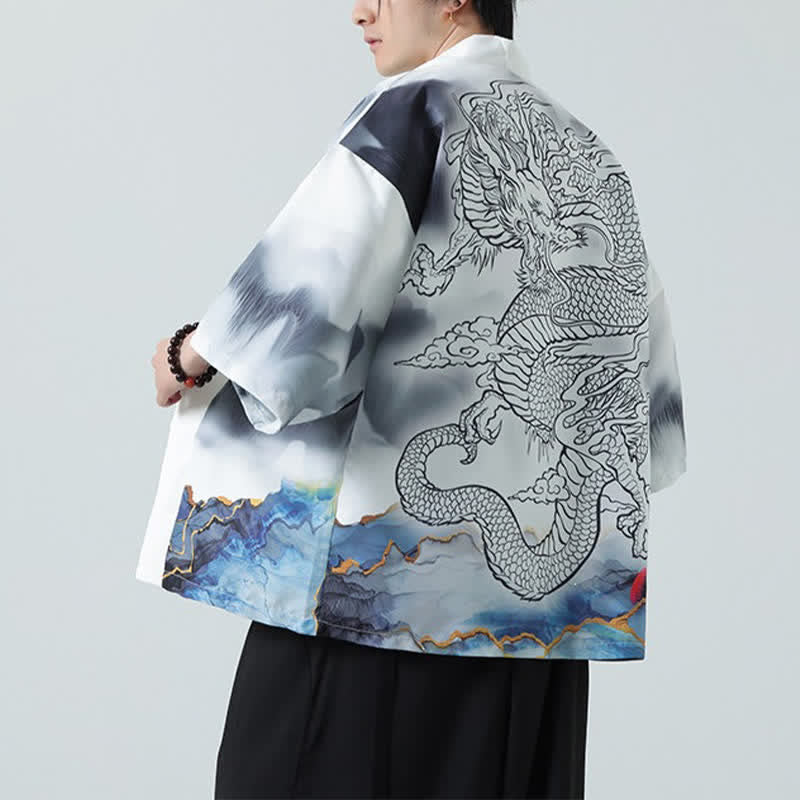 Buddha Stones Summer Casual Dragon Mountains Open Front Men's Kimono - image 17