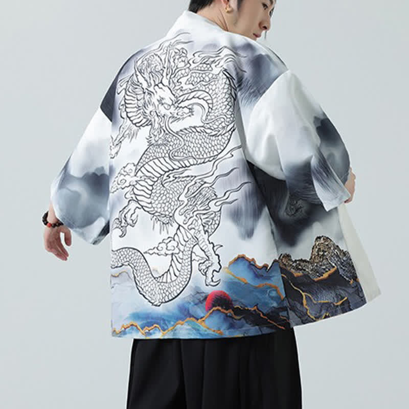 Buddha Stones Summer Casual Dragon Mountains Open Front Men's Kimono - image 20