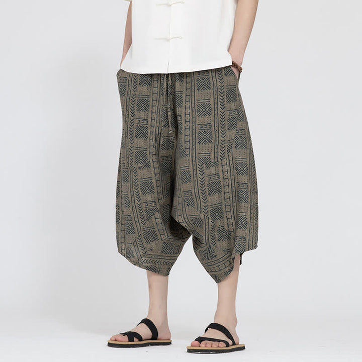 Buddha Stones Summer Boho Casual Elastic Waist Geometric Floral Pattern Capri Pants Men's Harem Pants - Tan - US/UK/AU46，EU56 (5XL) - image 0