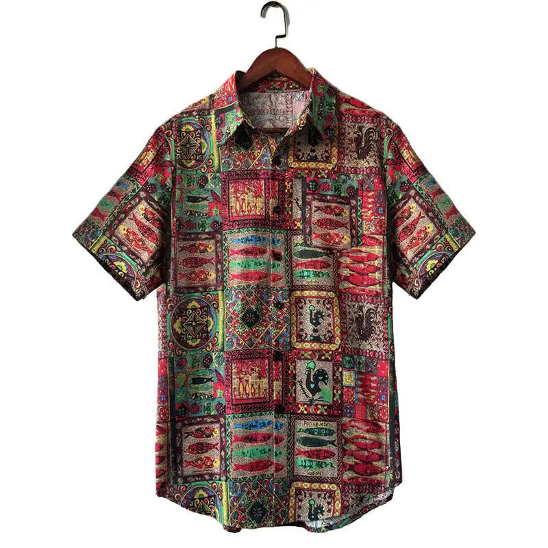 Buddha Stones Summer Boho Vintage Button-Up Geometric Men's Short Sleeve Shirts - Crimson - US/UK/AU44，EU54 (3XL) - image 6