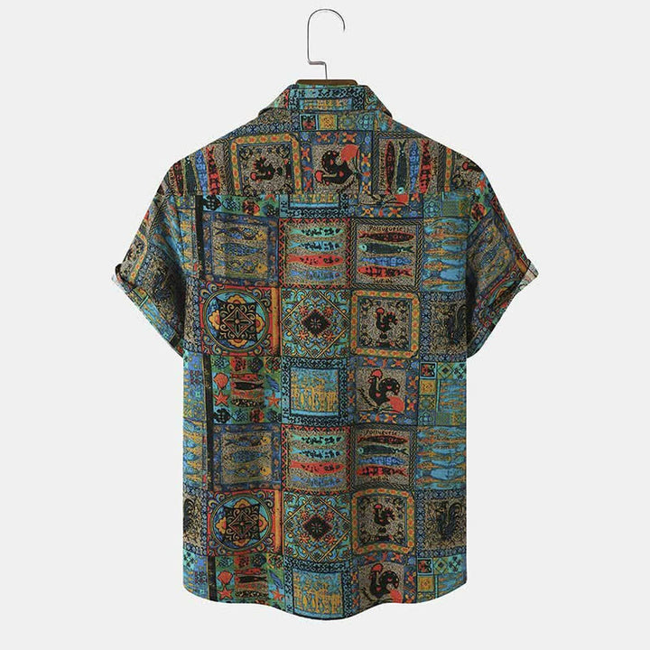 Buddha Stones Summer Boho Vintage Button-Up Geometric Men's Short Sleeve Shirts - image 1