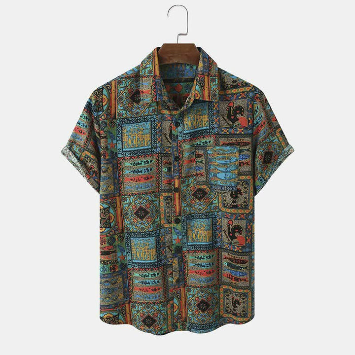 Buddha Stones Summer Boho Vintage Button-Up Geometric Men's Short Sleeve Shirts - Teal - US/UK/AU44，EU54 (3XL) - image 0