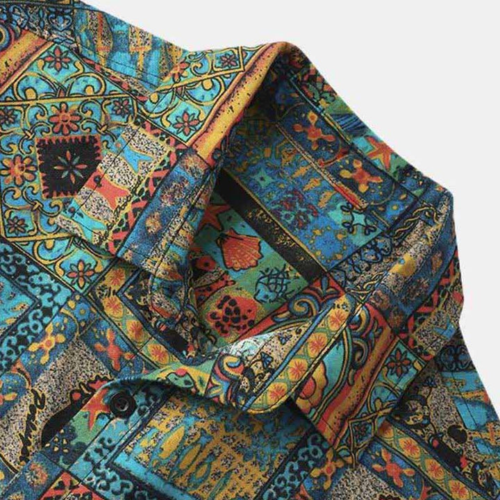 Buddha Stones Summer Boho Vintage Button-Up Geometric Men's Short Sleeve Shirts - image 2