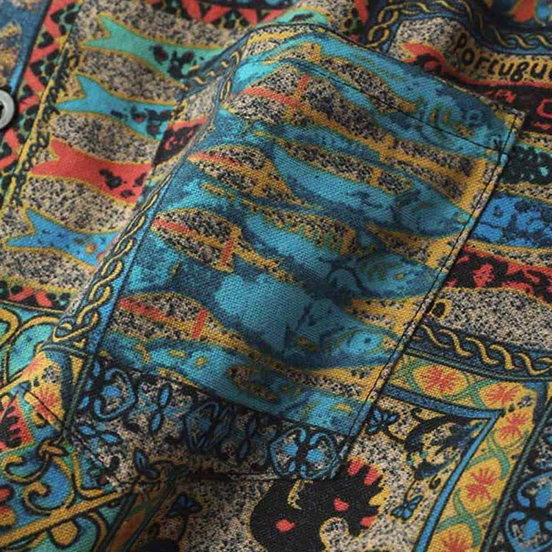 Buddha Stones Summer Boho Vintage Button-Up Geometric Men's Short Sleeve Shirts - image 3