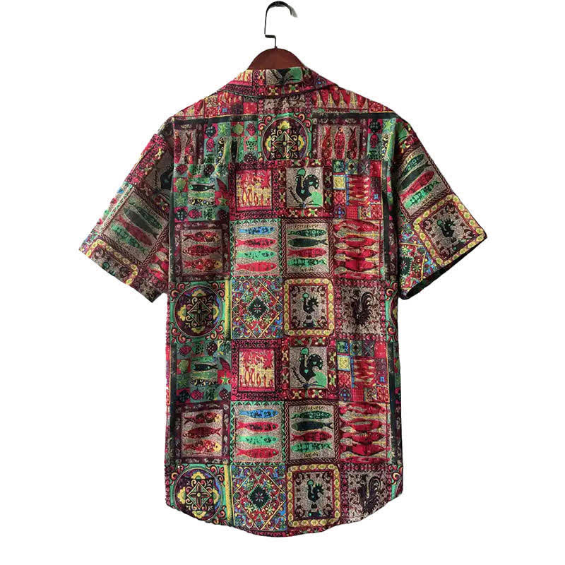 Buddha Stones Summer Boho Vintage Button-Up Geometric Men's Short Sleeve Shirts - image 7