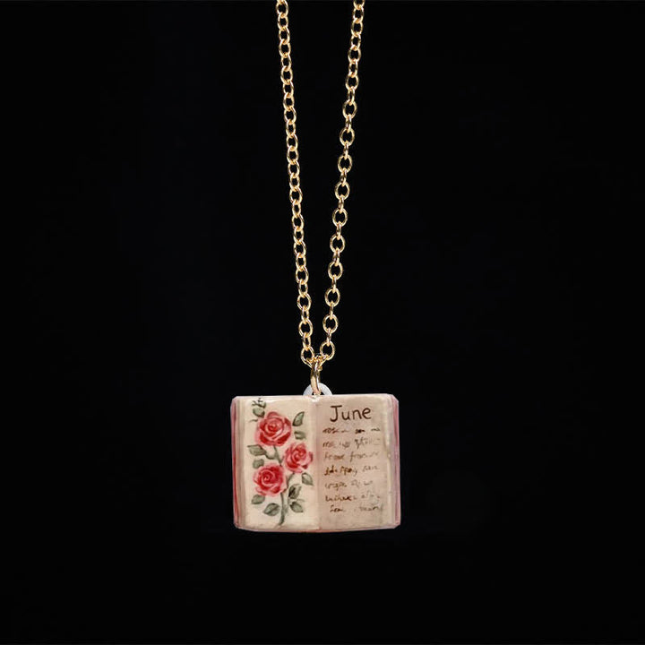Buddha Stones Copper Birth Flower Strengthen Book Design Balance Pendant Necklace - Rose - image 0
