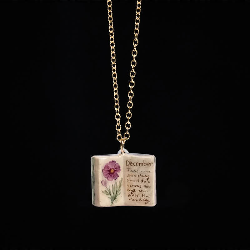 Buddha Stones Copper Birth Flower Strengthen Book Design Balance Pendant Necklace - Purple Chrysanthemum - image 45