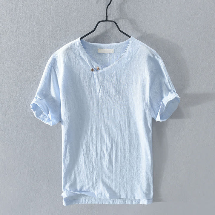 Buddha Stones Summer Casual Asymmetrical V-Neck Button Solid Men's Short Sleeve Shirts - LightSkyBlue - US/UK/AU44, EU54 (3XL) - image 4