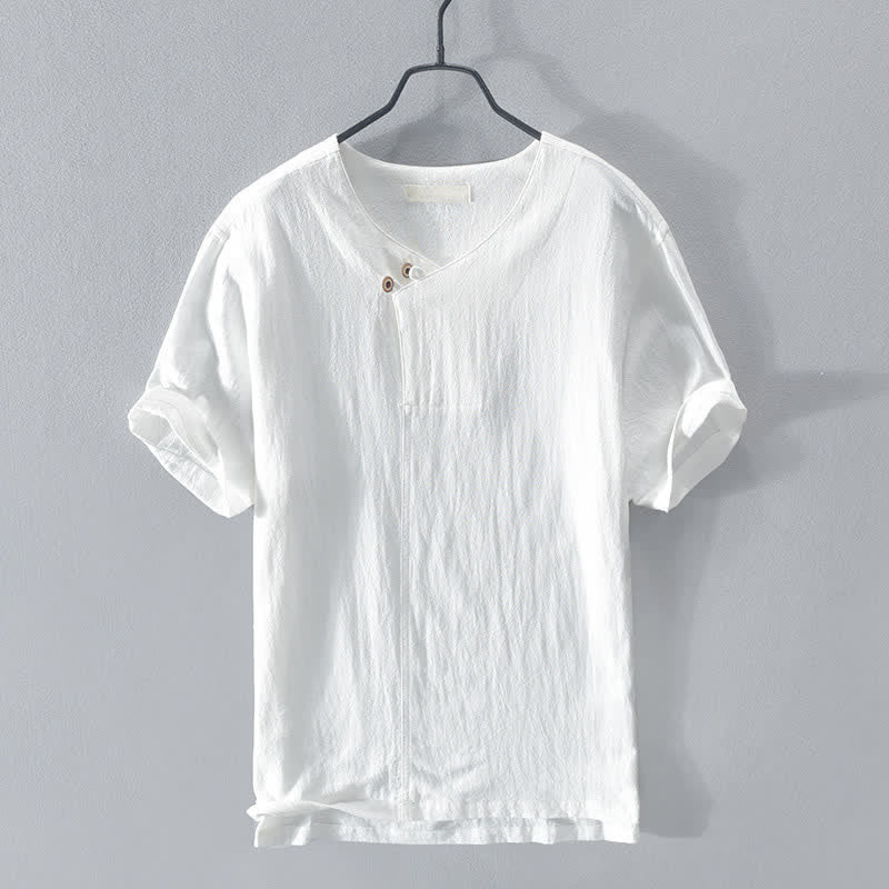 Buddha Stones Summer Casual Asymmetrical V-Neck Button Solid Men's Short Sleeve Shirts - White - US/UK/AU44, EU54 (3XL) - image 12