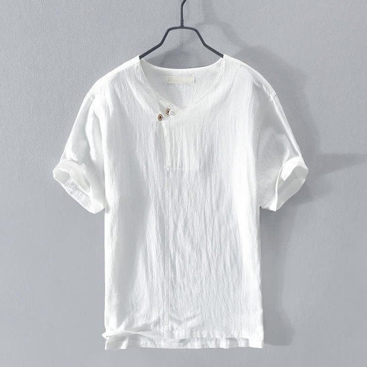Buddha Stones Summer Casual Asymmetrical V-Neck Button Solid Men's Short Sleeve Shirts - White - US/UK/AU44, EU54 (3XL) - image 12