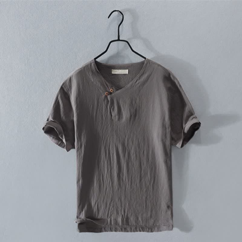 Buddha Stones Summer Casual Asymmetrical V-Neck Button Solid Men's Short Sleeve Shirts - DimGray - US/UK/AU44, EU54 (3XL) - image 0