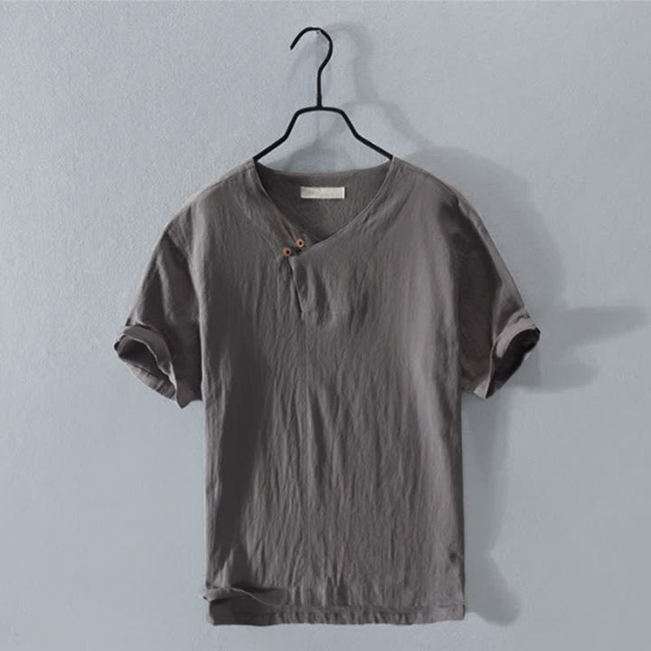Buddha Stones Summer Casual Asymmetrical V-Neck Button Solid Men's Short Sleeve Shirts - DimGray - US/UK/AU44, EU54 (3XL) - image 0